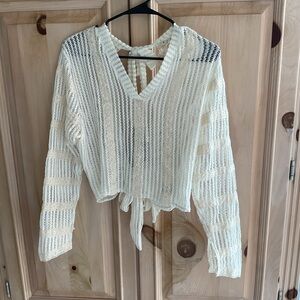 POL Crochet Tie-Front Neck & Bow Tie in Back Sweater Top Cream NWOT $35 SZ S